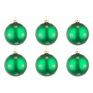 Palline di Natale in Vetro Verde con Stelle Oro Astral Diametro: 80 mm