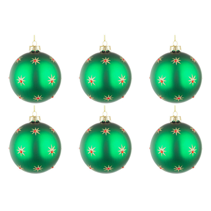 Palline di Natale in Vetro Verde con Stelle Oro Astral Diametro: 80 mm