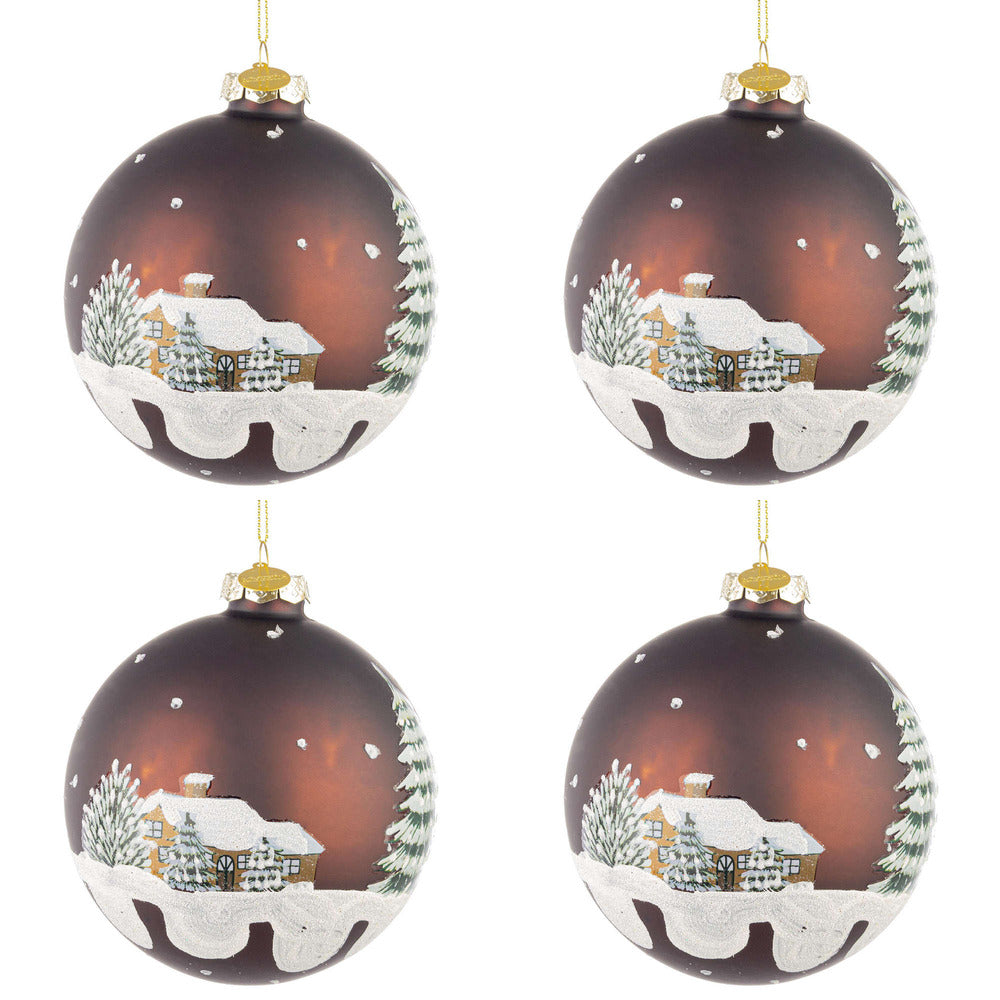 Palline di Natale in Vetro Marrone con Casette Village Diametro: 100 mm