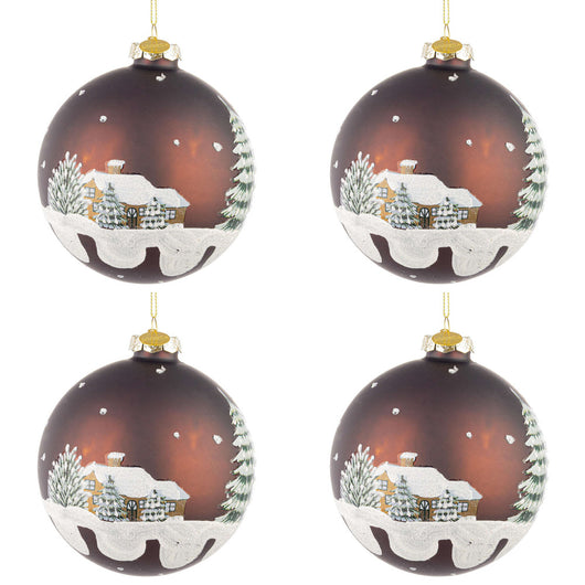 Palline di Natale in Vetro Marrone con Casette Village Diametro: 100 mm