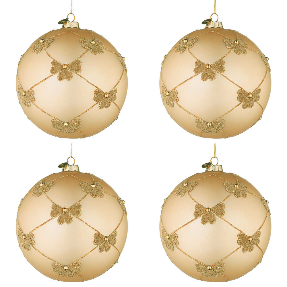 Palline di Natale in Vetro Champagne con Fiocchi Oro Flock Diametro: 100 mm