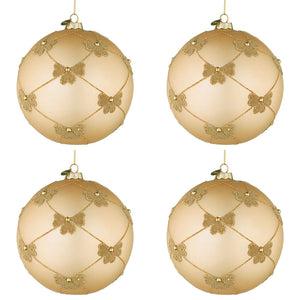 Palline di Natale in Vetro Champagne con Fiocchi Oro Flock Diametro: 100 mm