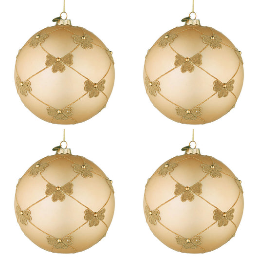 Palline di Natale in Vetro Champagne con Fiocchi Oro Flock Diametro: 100 mm