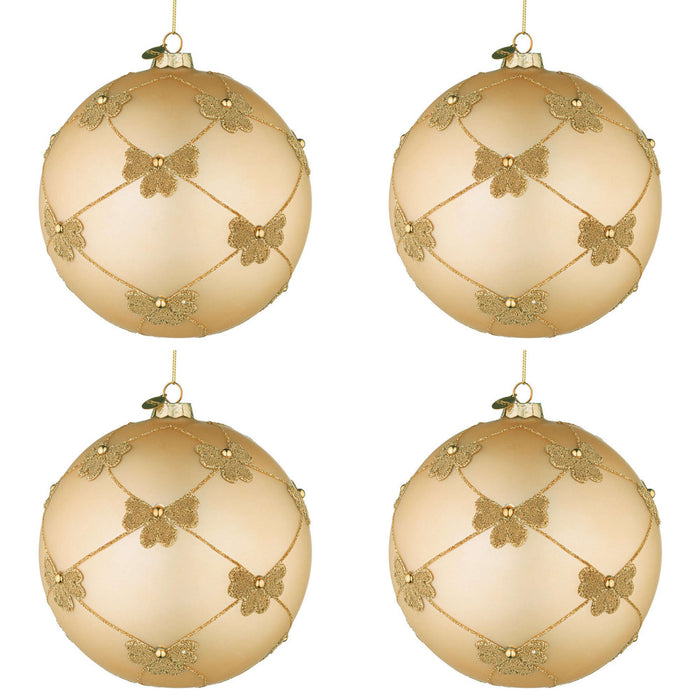 Palline di Natale in Vetro Champagne con Fiocchi Oro Flock Diametro: 100 mm