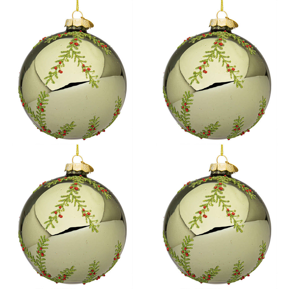 Palline di Natale in Vetro Verde Oliva con Rametti Wood Diametro: 100 mm