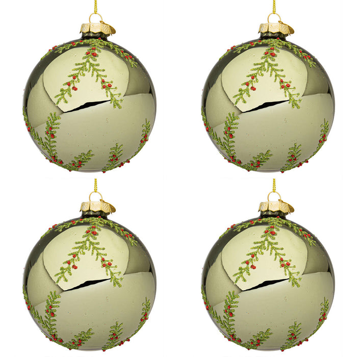 Palline di Natale in Vetro Verde Oliva con Rametti Wood Diametro: 100 mm