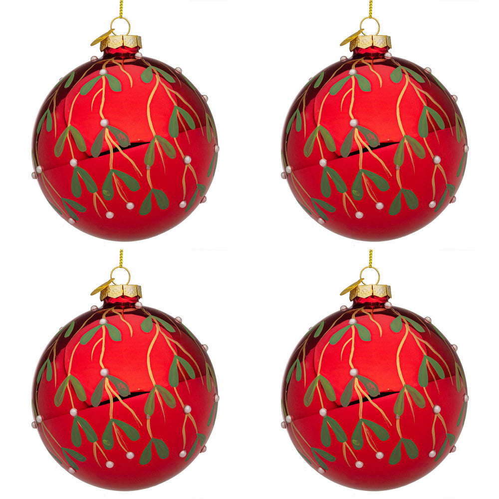 Palline di Natale in Vetro Rosse con Decorazione Verde Blade Diametro: 100 mm