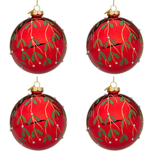 Palline di Natale in Vetro Rosse con Decorazione Verde Blade Diametro: 100 mm