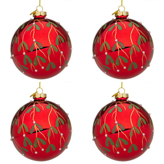 Palline di Natale in Vetro Rosse con Decorazione Verde Blade Diametro: 100 mm