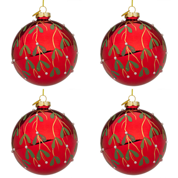 Palline di Natale in Vetro Rosse con Decorazione Verde Blade Diametro: 100 mm