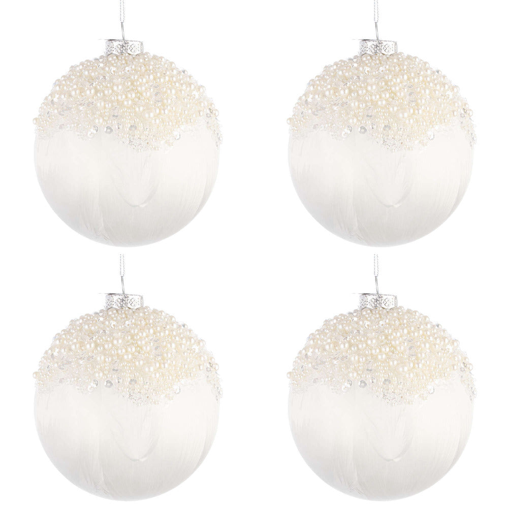 Palline di Natale in Vetro Bianco con Perline Voguish Diametro: 100 mm