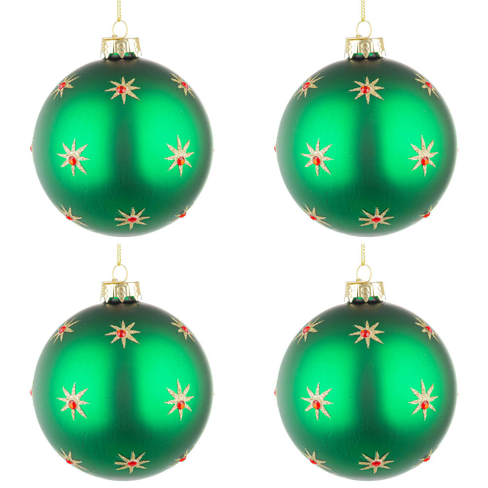 Palline di Natale in Vetro Verde con Stelle Oro Astral Diametro: 100 mm