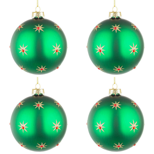 Palline di Natale in Vetro Verde con Stelle Oro Astral Diametro: 100 mm