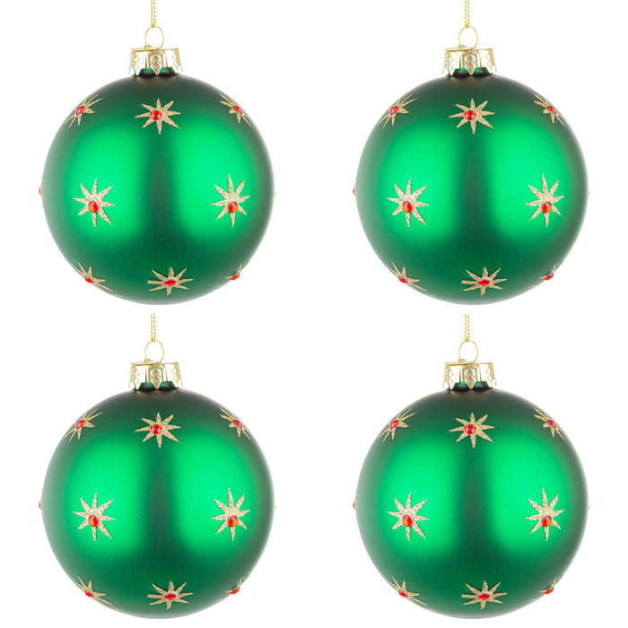 Palline di Natale in Vetro Verde con Stelle Oro Astral Diametro: 100 mm