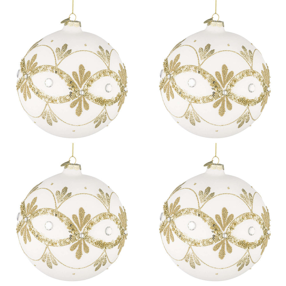 Palline di Natale in Vetro Bianche con Decorazioni Oro Garish Diametro: 100 mm