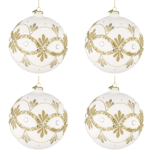 Palline di Natale in Vetro Bianche con Decorazioni Oro Garish Diametro: 100 mm