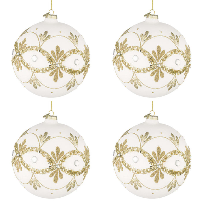 Palline di Natale in Vetro Bianche con Decorazioni Oro Garish Diametro: 100 mm