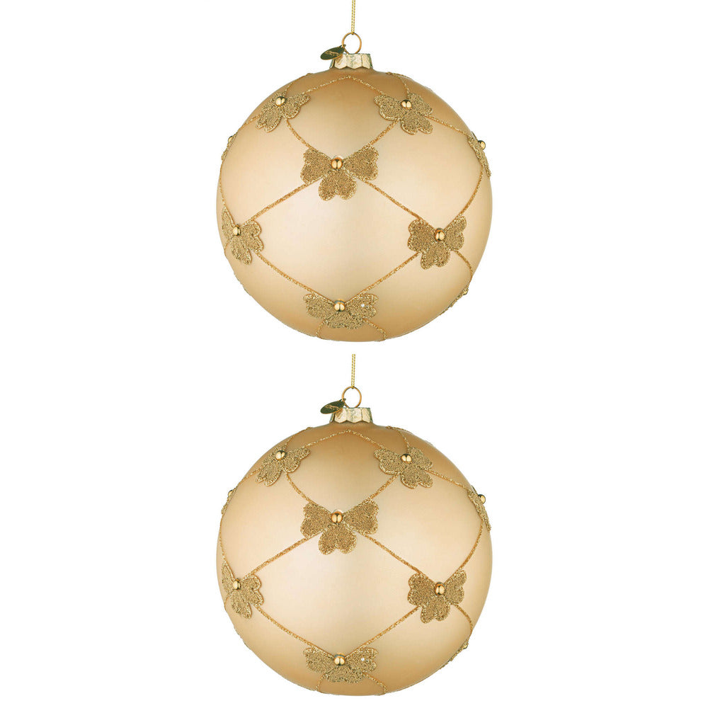 Palline di Natale in Vetro Champagne con Fiocchi Oro Flock Diametro: 150 mm