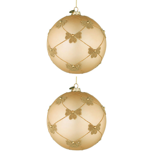 Palline di Natale in Vetro Champagne con Fiocchi Oro Flock Diametro: 150 mm