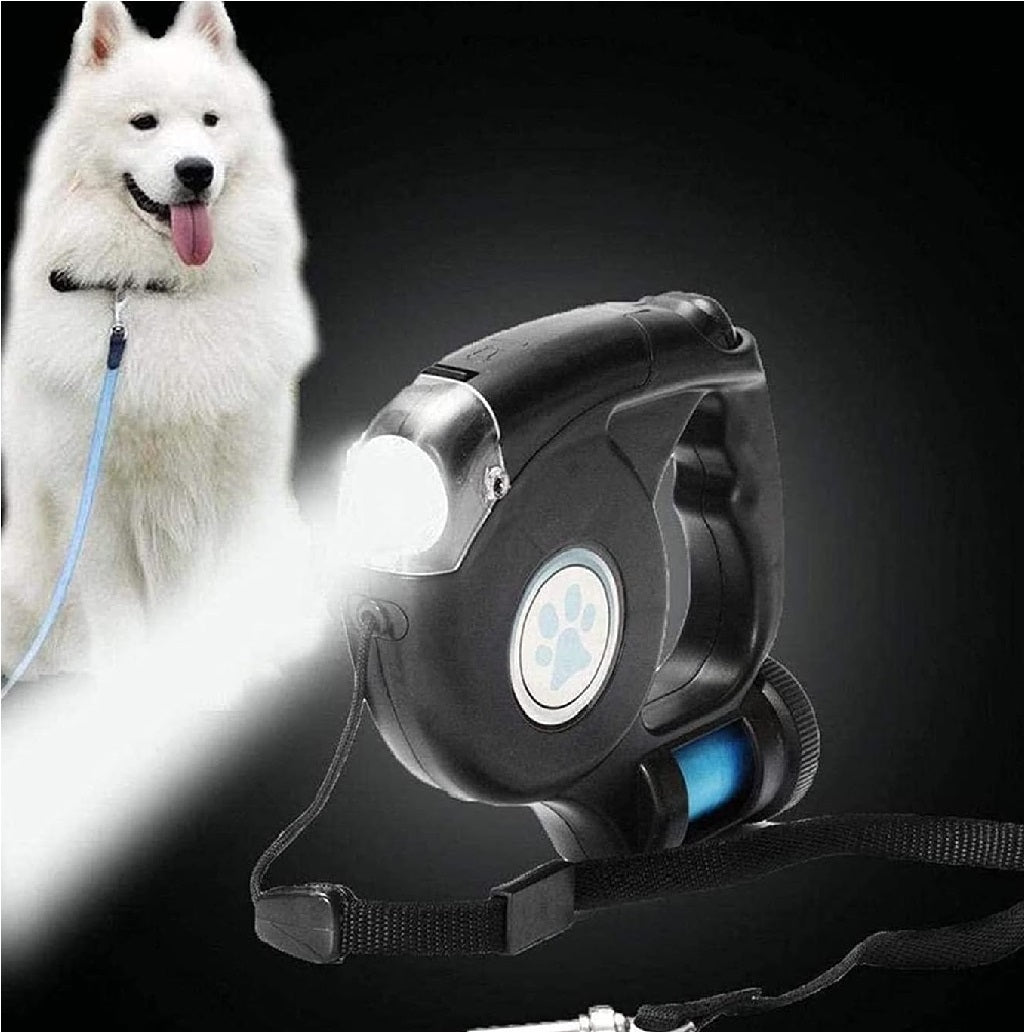 Guinzaglio Retrattile 3in1 con Luce Led e Porta Sacchetti Igienici 5Metri Nero o Grigio
