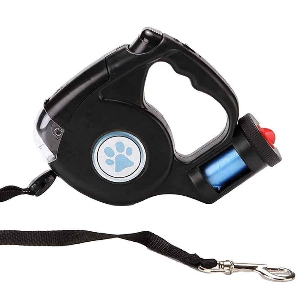 Guinzaglio Retrattile 3in1 con Luce Led e Porta Sacchetti Igienici 5Metri Nero o Grigio