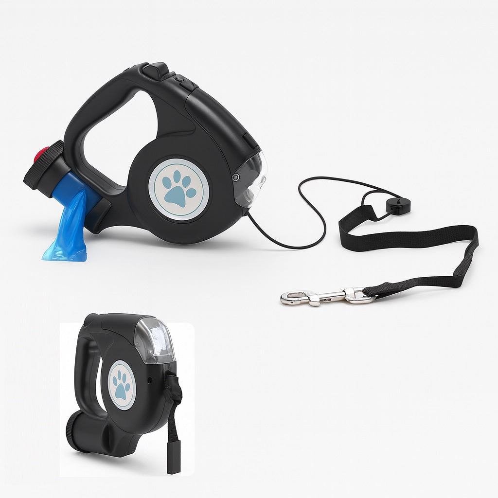 Guinzaglio Retrattile 3in1 con Luce Led e Porta Sacchetti Igienici 5Metri Nero o Grigio