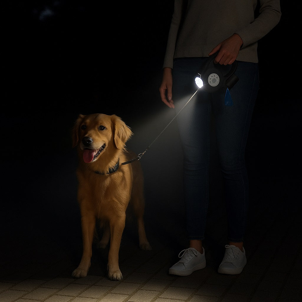Guinzaglio Retrattile 3in1 con Luce Led e Porta Sacchetti Igienici 5Metri Nero o Grigio