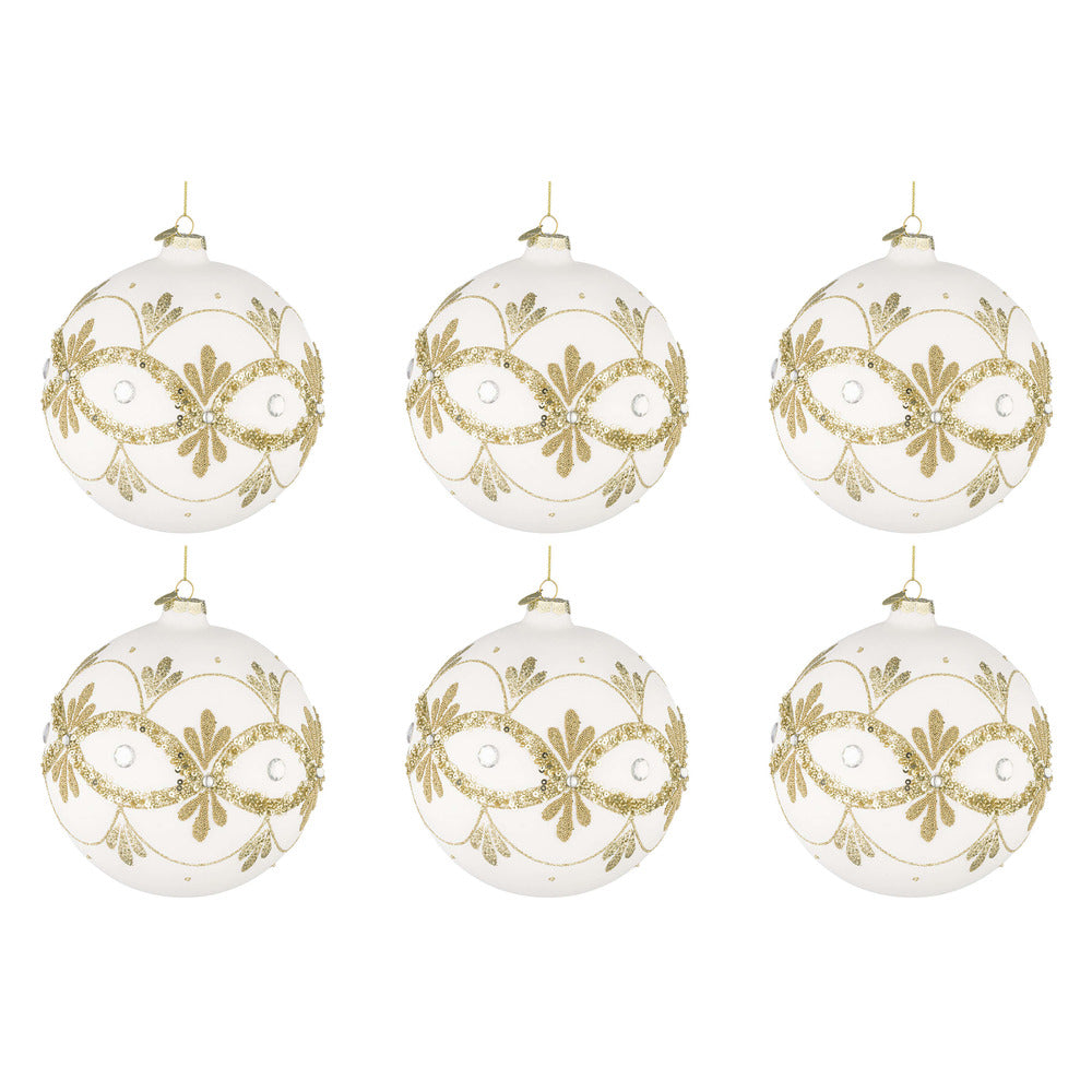 Palline di Natale in Vetro Bianche con Decorazioni Oro Garish Diametro: 80 mm