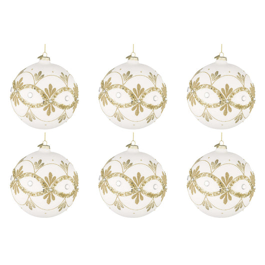 Palline di Natale in Vetro Bianche con Decorazioni Oro Garish Diametro: 80 mm