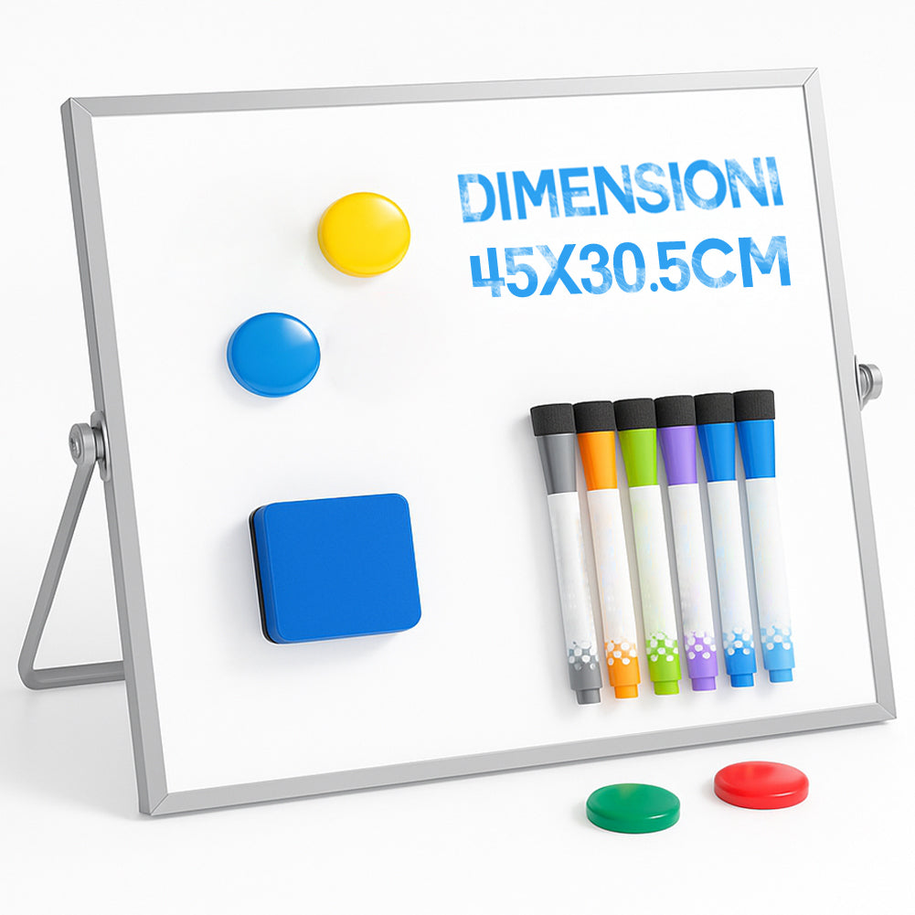 Lavagna Magnetica Cancellabile Doppia Faccia Pennarelli e Cancellino 45x30.5cm