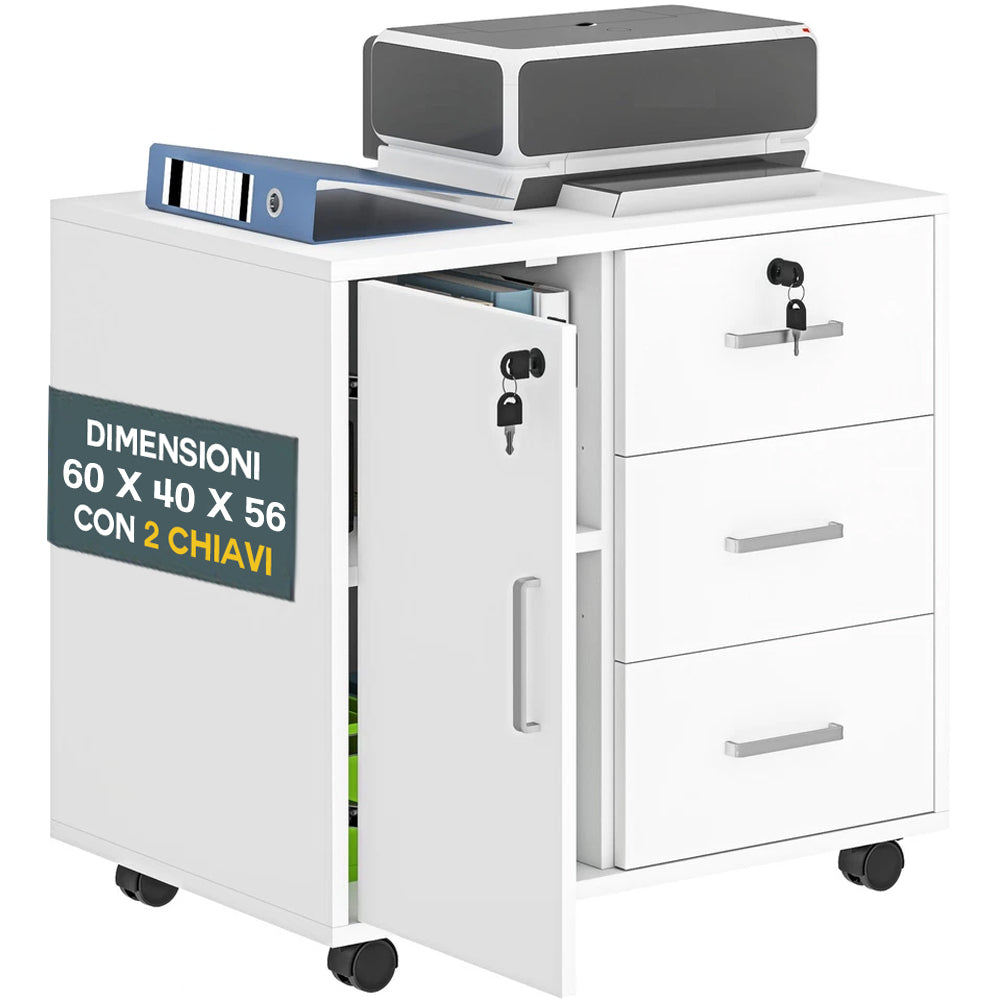 Mobile Schedario per Ufficio Multiuso 3 Cassetti Armadietto con Chiavi e Ruote