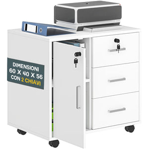 Mobile Schedario per Ufficio Multiuso 3 Cassetti Armadietto con Chiavi e Ruote