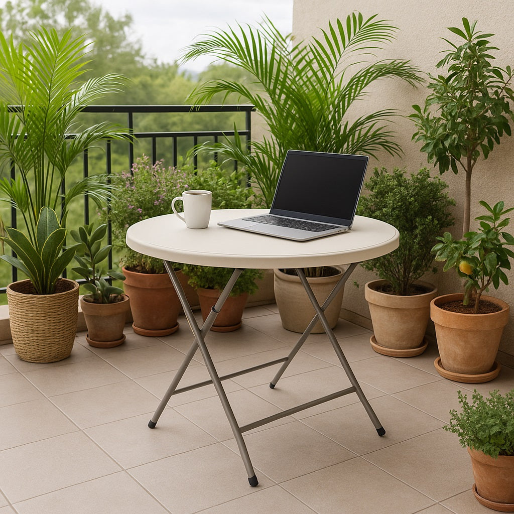 Tavolo Pieghevole in Resina HDPE 80x80 H74cm Richiudibile Salvaspazio Bianco