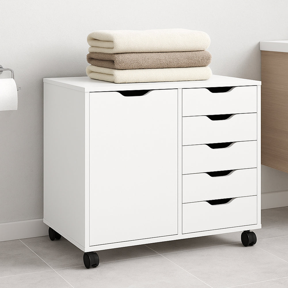 Schedario da Ufficio Porta Stampante Mobile Cassettiera 5 Cassetti 1 Anta Bianco
