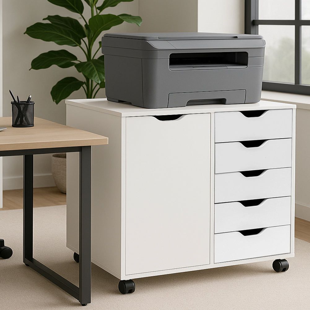 Schedario da Ufficio Porta Stampante Mobile Cassettiera 5 Cassetti 1 Anta Bianco