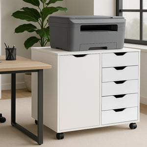 Schedario da Ufficio Porta Stampante Mobile Cassettiera 5 Cassetti 1 Anta Bianco