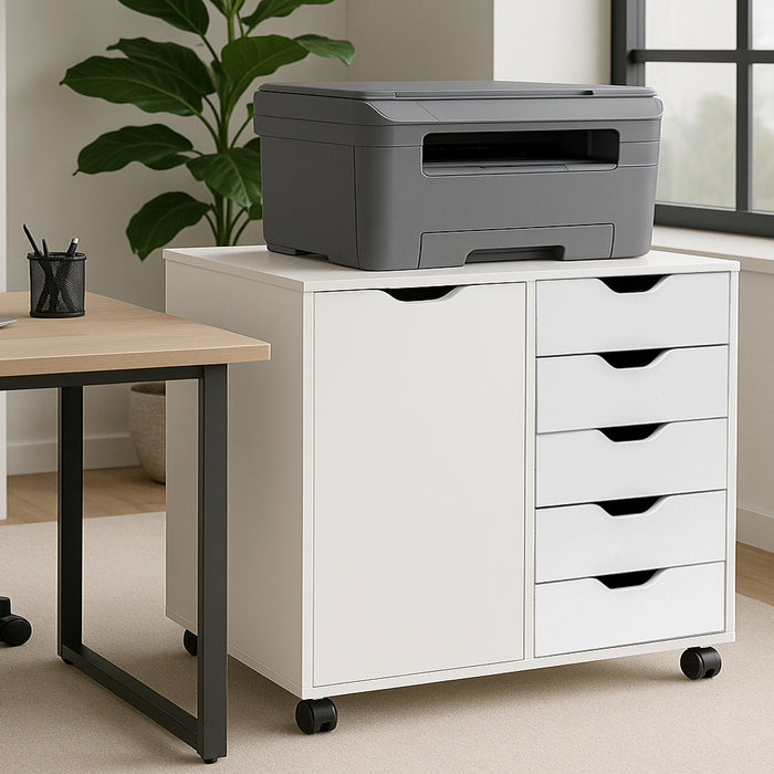 Schedario da Ufficio Porta Stampante Mobile Cassettiera 5 Cassetti 1 Anta Bianco