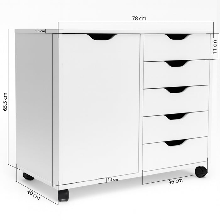 Schedario da Ufficio Porta Stampante Mobile Cassettiera 5 Cassetti 1 Anta Bianco