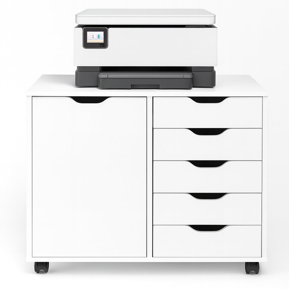 Schedario da Ufficio Porta Stampante Mobile Cassettiera 5 Cassetti 1 Anta Bianco