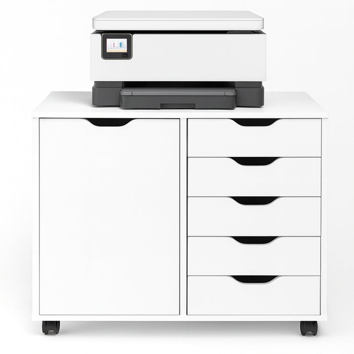 Schedario da Ufficio Porta Stampante Mobile Cassettiera 5 Cassetti 1 Anta Bianco