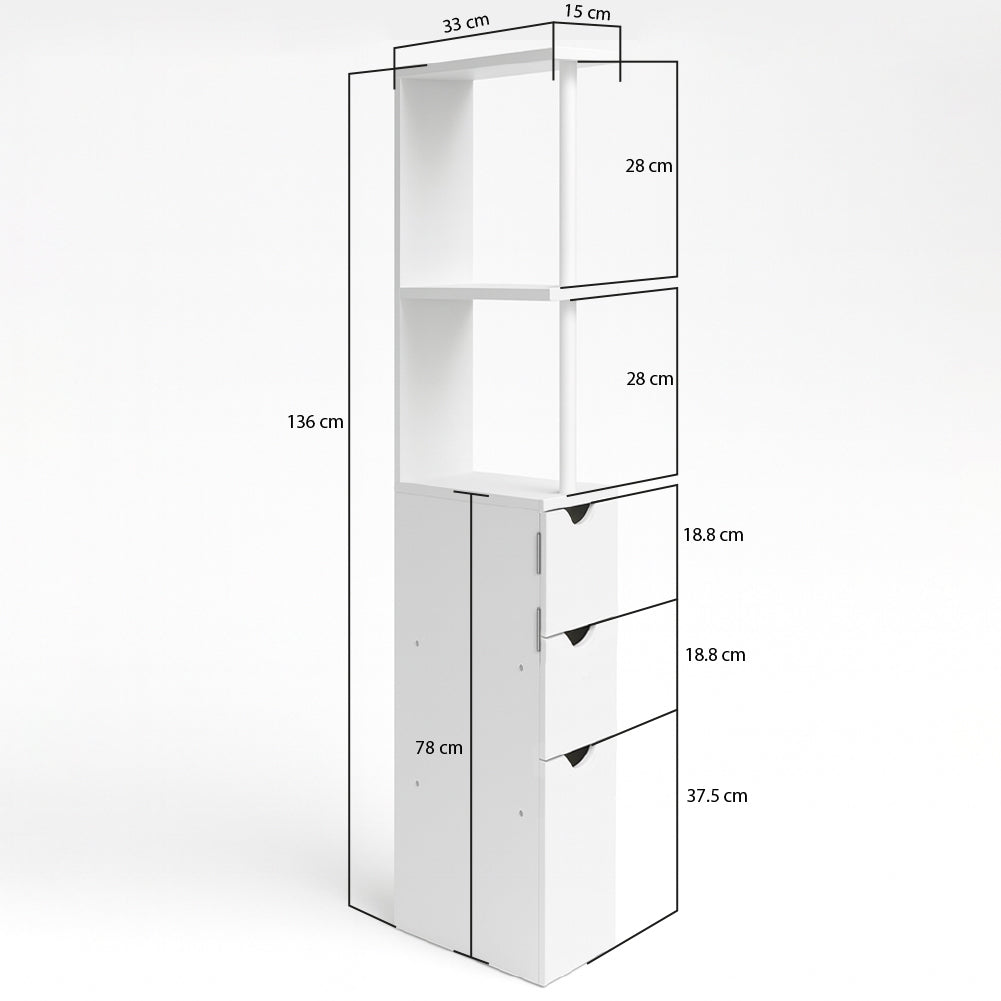 Mobile Bagno Alto Salvaspazio in Legno con 3 Cassetti e 2 Ripiani 33x15x136cm