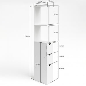 Mobile Bagno Alto Salvaspazio in Legno con 3 Cassetti e 2 Ripiani 33x15x136cm