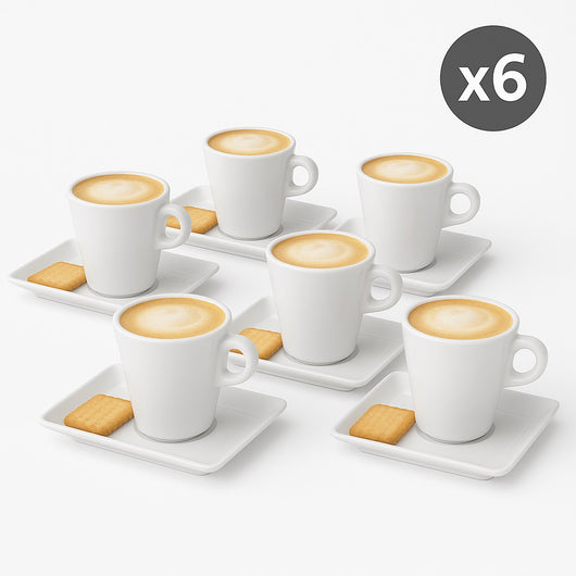 Set 6 Tazze Caffè con Piattino Porta Biscotti in Porcellana Bianca 180ml Stile BAR