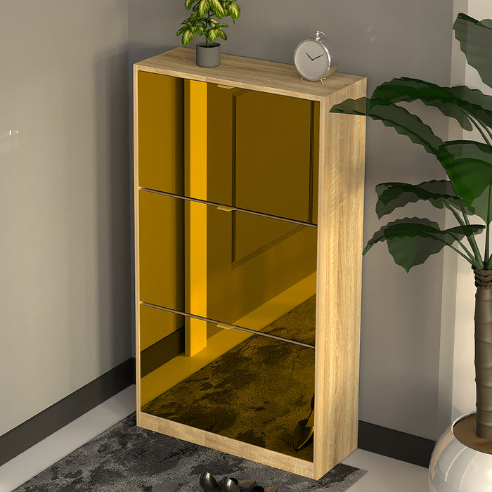 Scarpiera 3 Ante a Specchio Marrone Slim con Maniglia Salvaspazio 63x24x115cm