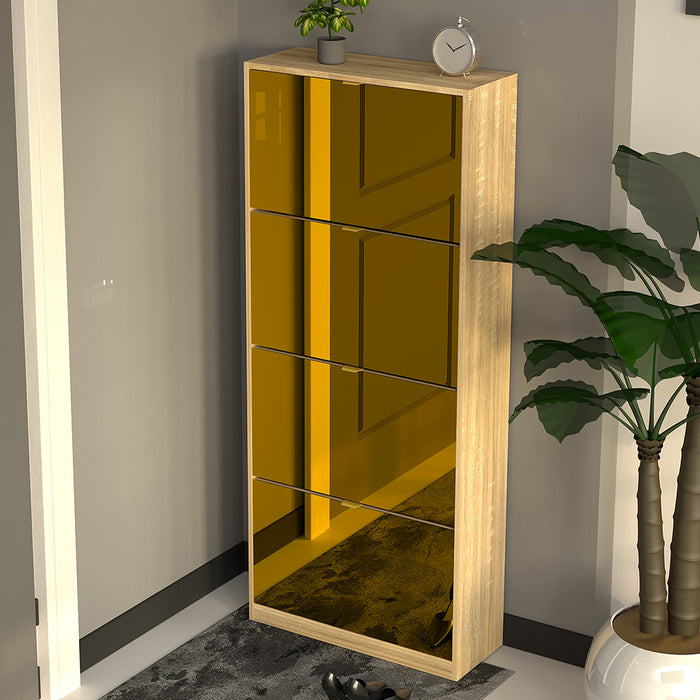 Scarpiera 4 Ante a Specchio Marrone Slim con Maniglia Salvaspazio 63x24x150cm