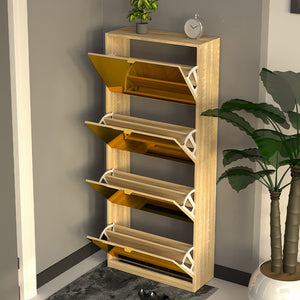 Scarpiera 4 Ante a Specchio Marrone Slim con Maniglia Salvaspazio 63x24x150cm