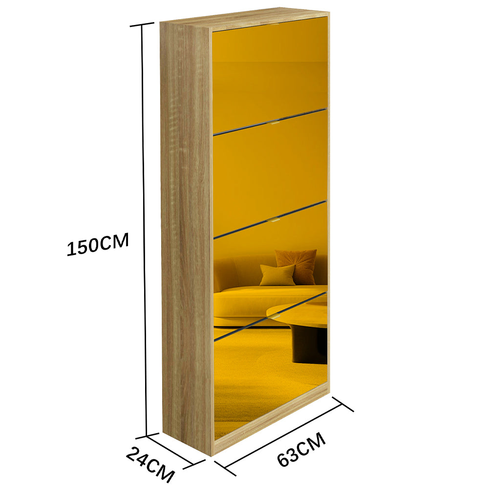 Scarpiera 4 Ante a Specchio Marrone Slim con Maniglia Salvaspazio 63x24x150cm