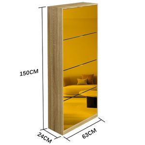 Scarpiera 4 Ante a Specchio Marrone Slim con Maniglia Salvaspazio 63x24x150cm