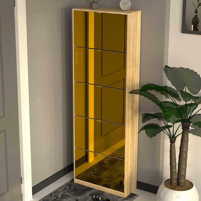 Scarpiera 5 Ante a Specchio Marrone Slim con Maniglia Salvaspazio 59x22x169.5cm