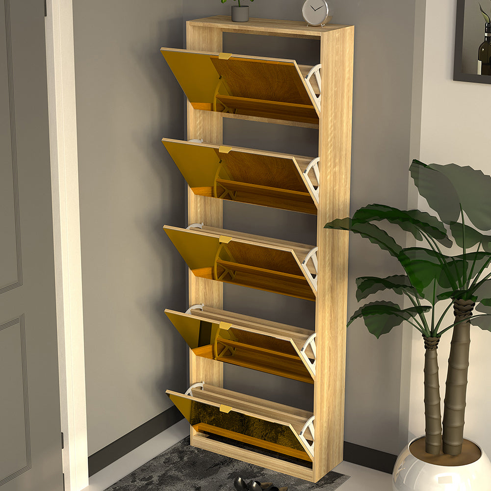 Scarpiera 5 Ante a Specchio Marrone Slim con Maniglia Salvaspazio 59x22x169.5cm